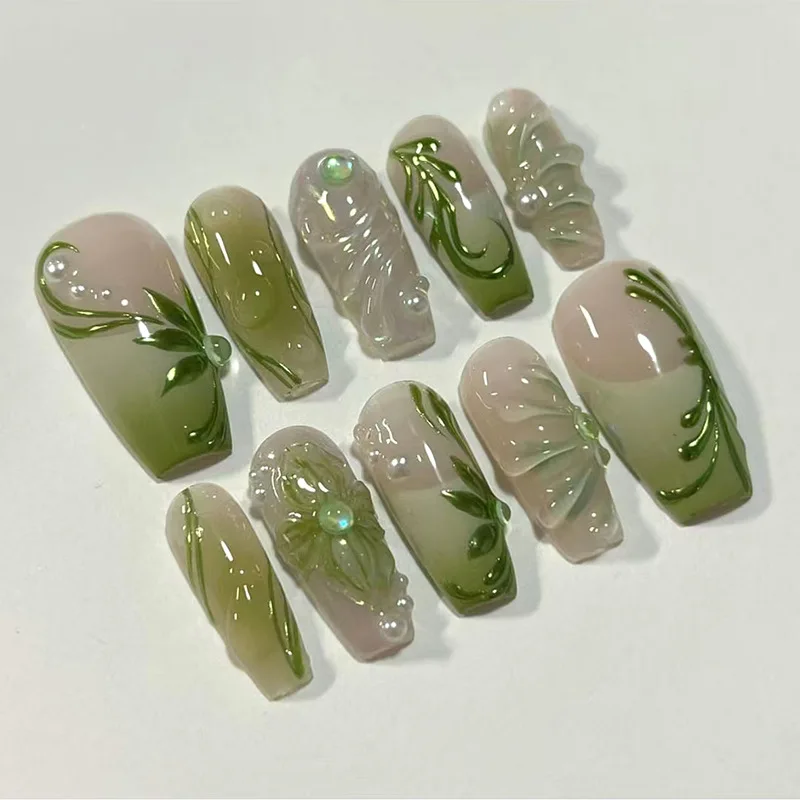 

24Pcs Sweet Ballerina Press on Nails Green Freach gradual False Nail for Women&Girl Spring and Summer Detachable Wearable Nail