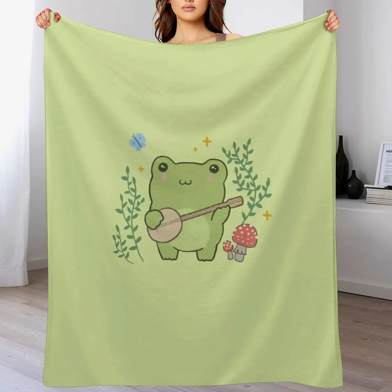 Cute Kawaii Frog Playing Banjo - Toad Plant Fungi Blue Butterfly - Cottagecore Aesthetic Mushroom - Chubby Phrog Throw Blanket