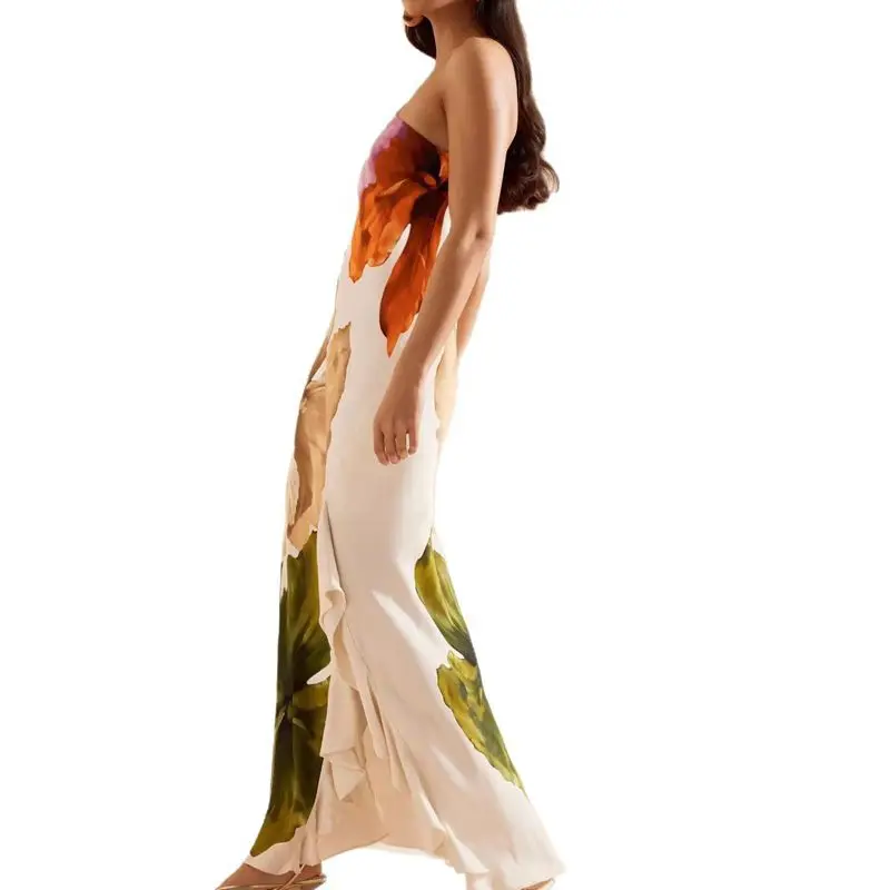 Combhasaki Abito estivo da donna elegante senza maniche con stampa floreale monospalla con volant e spacco alto, abito da spiaggia lungo allentato Boho