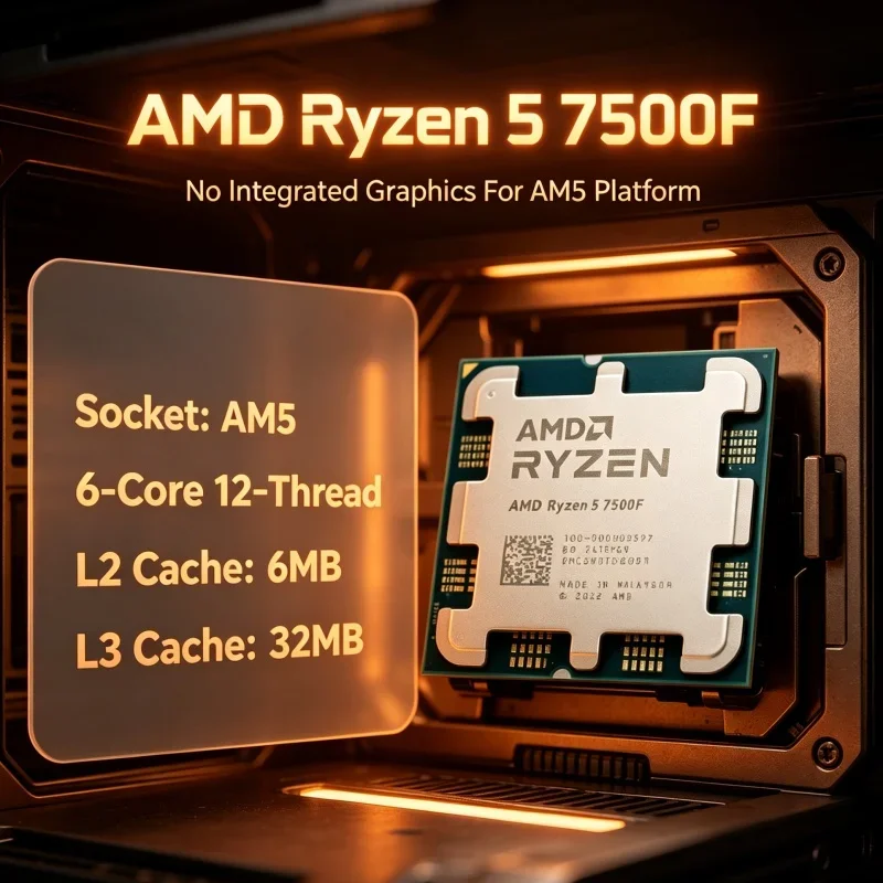 Office CPU R5 7500F 6 Core 12 Thread 65W 32MB L3 DDR5 AM5 Desktop Processor for Business Office Daily Multi Task