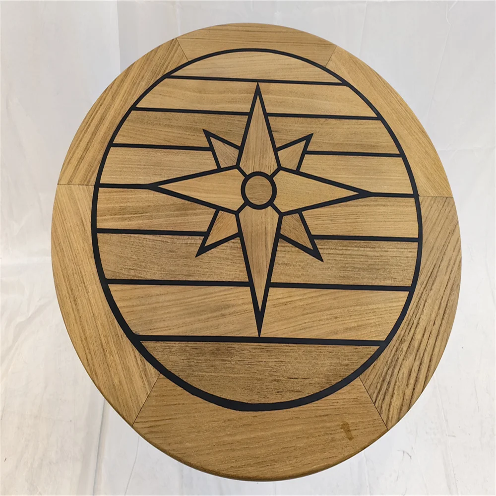 Boat Round Teak Table Top 500/650/795mm 19.7/25.6/31.3 Inch Diameter Star Inlay With Black Deck Caulking Marine Yacht Caravan RV