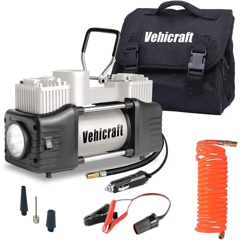 

Портативный воздушный компрессор, мощный двухцилиндровый автомобильный насос, 12В насос для шин со светодиодной подсветкой - 150PSI, подходит для автомобилей, внедорожников, фургонов