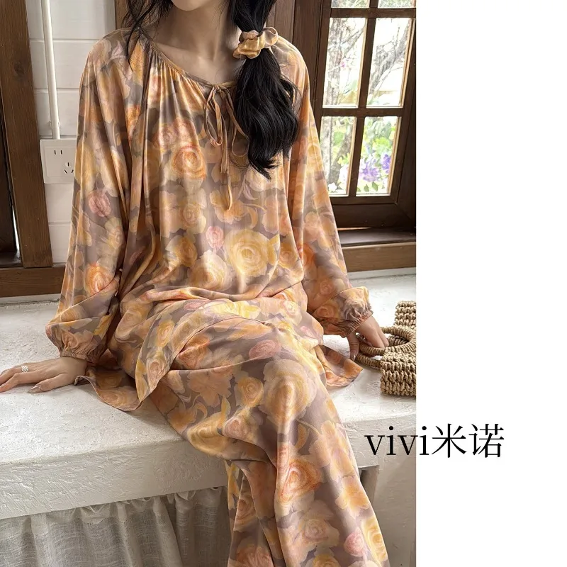 Women's Long Sleeved Cotton and Silk Pajamas Set Lightweight Spring Loungewear Chinese Style Perfect Air Conditioning Large Size