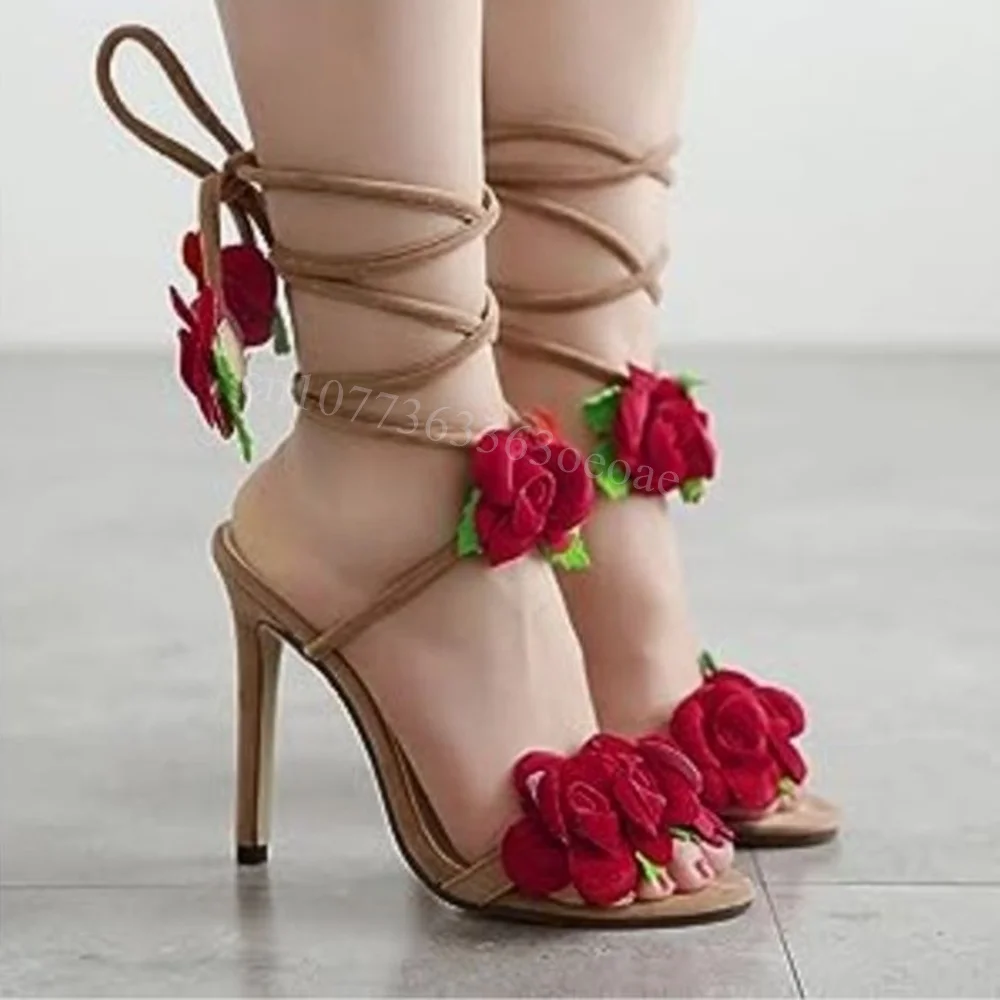 Red Rose Decor Pointed Toe Sandals Lace up Thin High Heels Shoes for Women Beautiful Sexy Shoes 2024 Zapatos Para Mujere