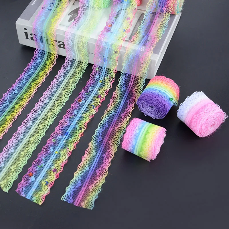 5 Yards 35mm Rainbow Colors Embroidered Net Lace Trim Ribbon DIY Gift Box Packaging Wedding Birthday Christmas Bow Decorations