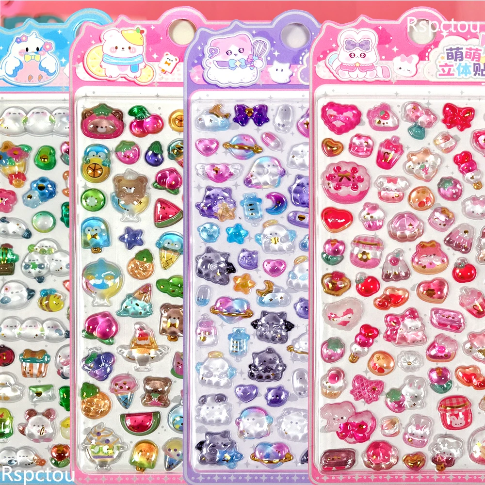 4pcs Kawaii Animal Fruits Three-dimensional Relief Stickers Cute Cartoon 3D Crystal Sticker Scrapbook Guitar Phone Reward Decals