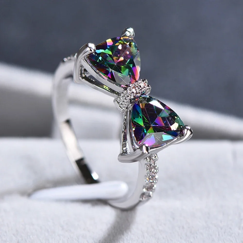 2024 Personality Multi-colored CZ Bow Rings for Women Fancy Bride Wedding Ceremony Party Finger-ring Nice Gift Fashion Jewelry