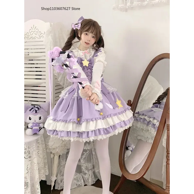 Anime Lolita JSK mini sukienka zestaw kobiety słodka magiczna gwiazda kokardka ruffles księżniczka kostiumy cosplay sukienki imprezowe dziewczyny urocza sukienka pokojówki