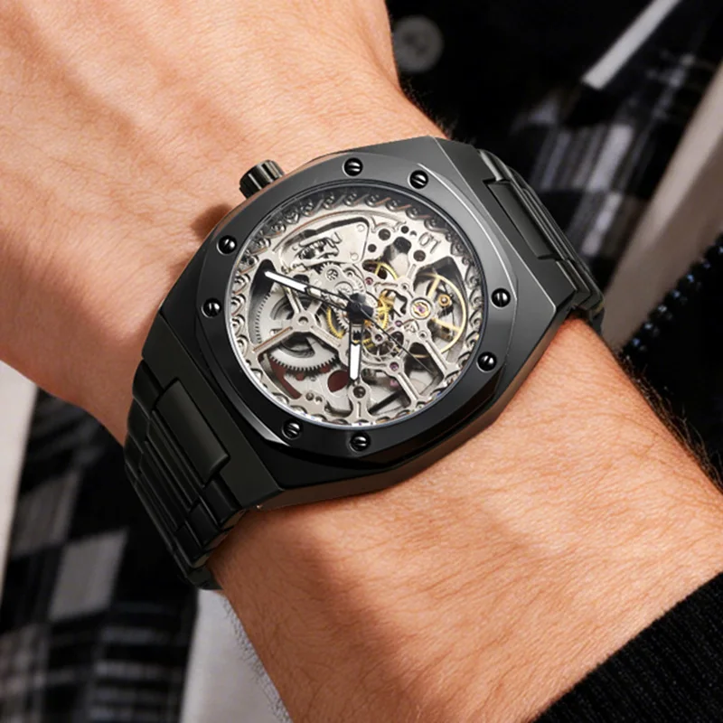 Modische FORSINING Herren-Armbanduhren, Edelstahl, Skelett-Mechanikuhr, Automatikwerk, leuchtend, wasserdicht, ohne Logo