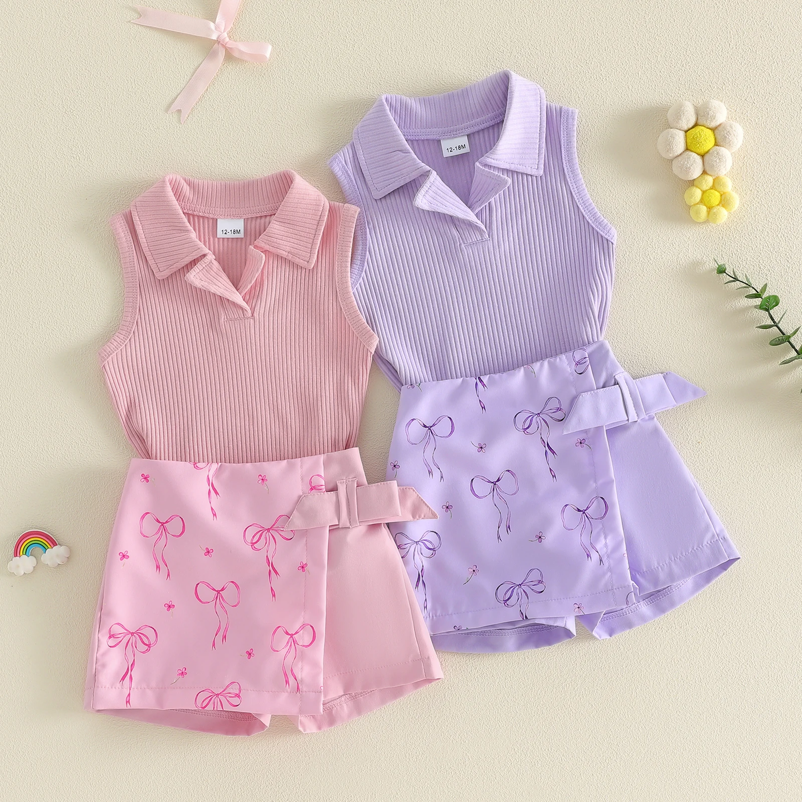 

Toddler Baby Girl Summer Clothing 2Pcs Clothes Set Ribbed Knit Turn Down Collar Sleeveless Tank Tops Bowknot Print Shorts Outfit