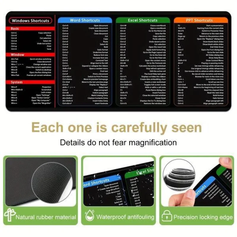 대형 XXL 마우스 패드, Word/Excel/PPT용 오피스 단축키, 미끄럼 방지, 게임 및 작업용 데스크 패드