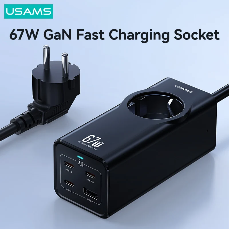 

USAMS 67W GaN Charger Desktop Fast Charger USB Type C Laptop Charger 5in1 Power Strip Adapter for iPhone 15 14 13 Xiaomi Samsung