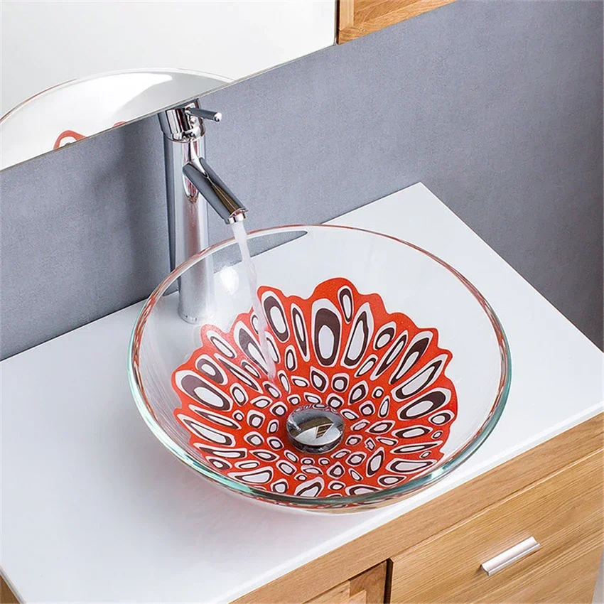 New Bathroom Round Tempered Glass Wash Basin Sichuan Opera Series Balcony Art Stage Basin Semi Hanging Wash Basin With  Faucet