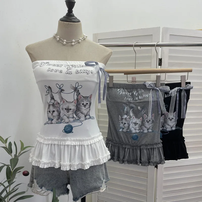 

Women's Chic Kitten Print Bow Tube Top American Sweet Hottie with Chest Pad Tube Top with Ruffles Casual Y2K Streetwear 1270