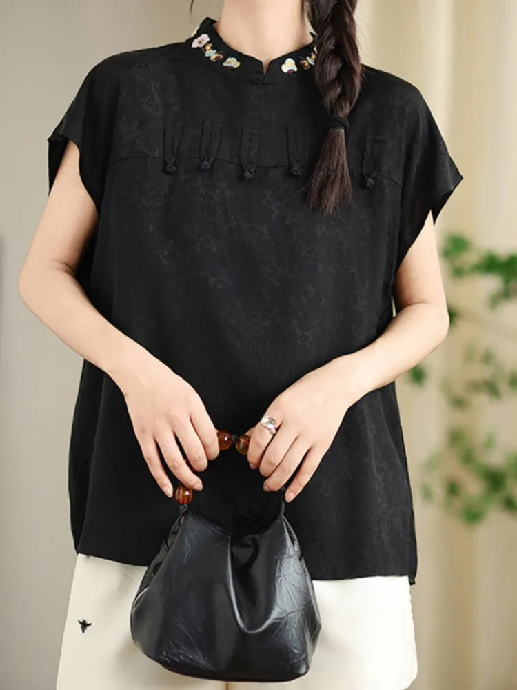 Oversized Summer Pullover Chinese Style Tops Women Print Embroidery Fashion Ladies Blouses Loose Casual Short Sleeve Woman Tops