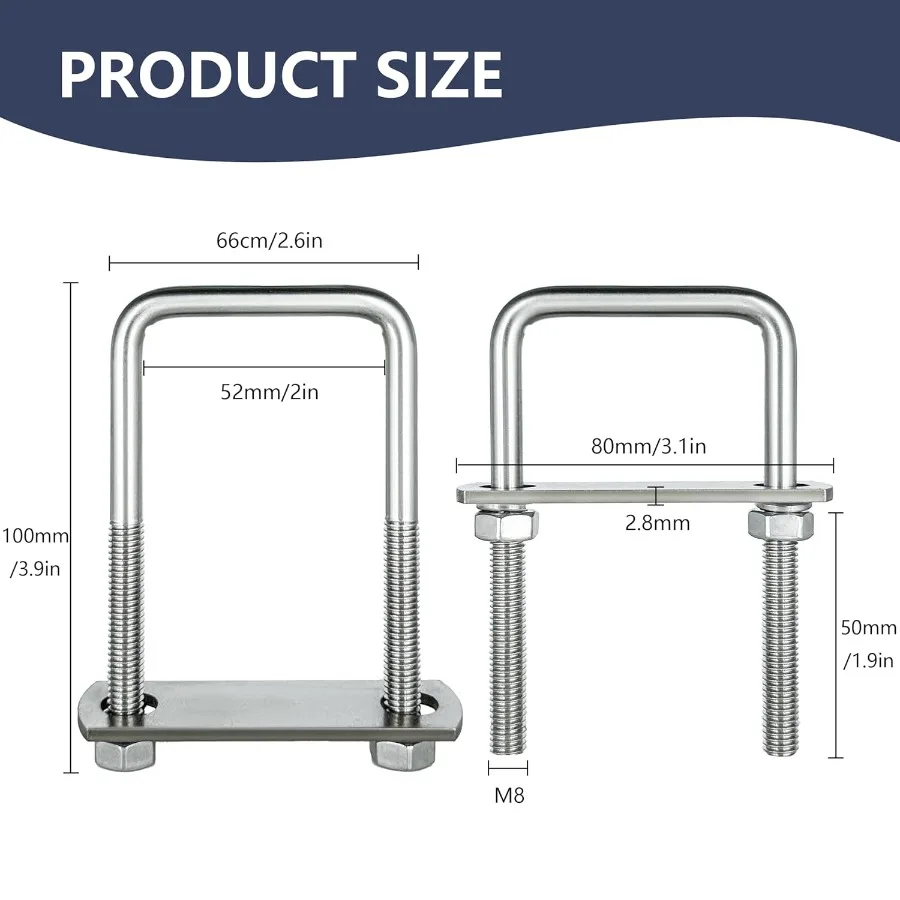 4 Set M8 Square UBoltsuBolts 2 ih Wide 304 Bulloni quadrati in acciaio inossidabile con dadi Bullone Piastra e rondella 4 M8 x 50 mm x 100 mm