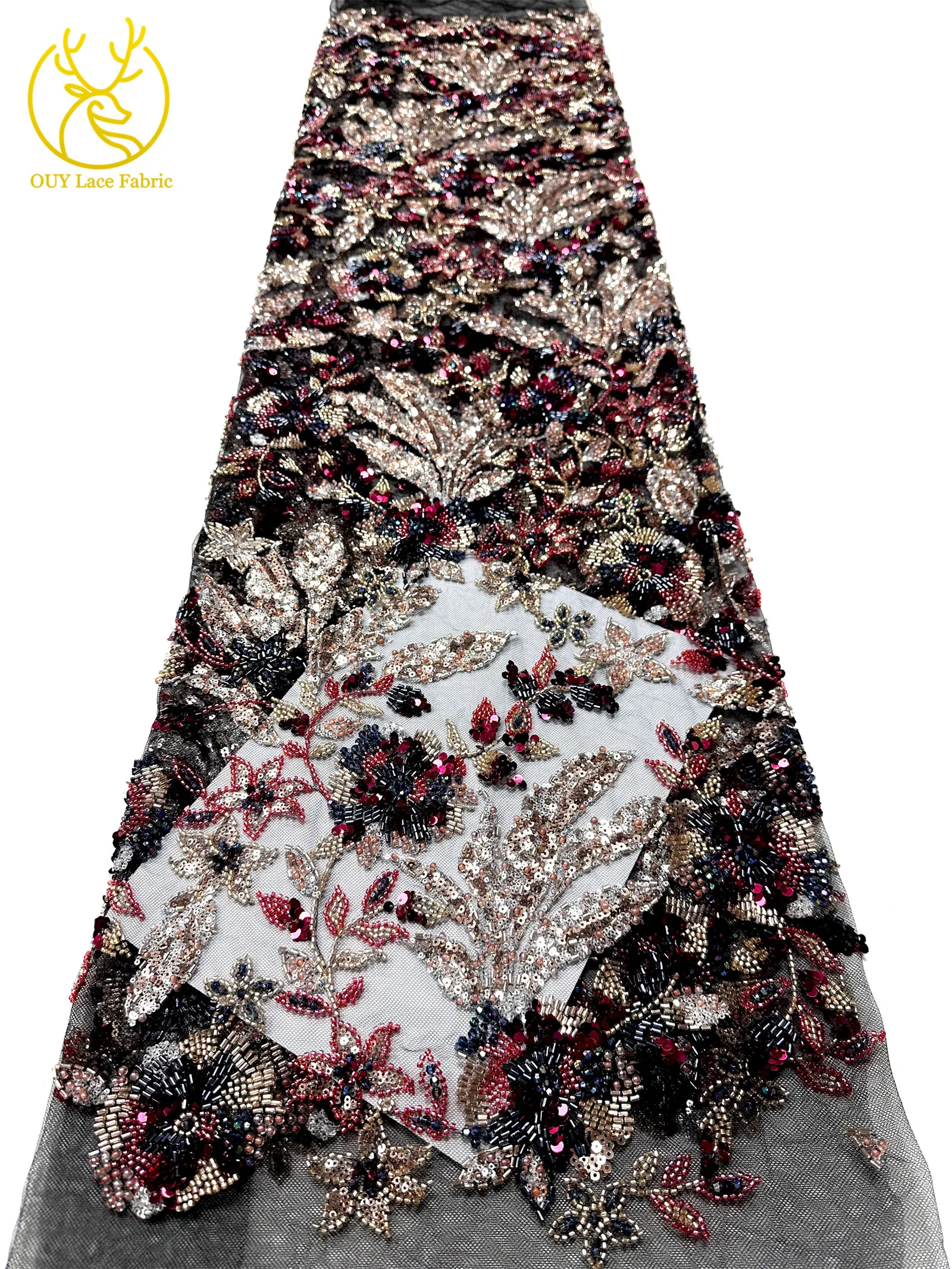 Modischer nigerianischer bestickter Perlen-Spitzenstoff, eleganter afrikanischer Pailletten-Netzstoff für Brautkleider und Partykleider zum Nähen – Detail 32
