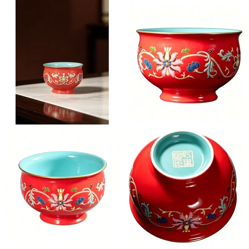 

【CHIMU HOME】 Red porcelain gongfu teacup 100ml floral design traditional Chinese ceremony