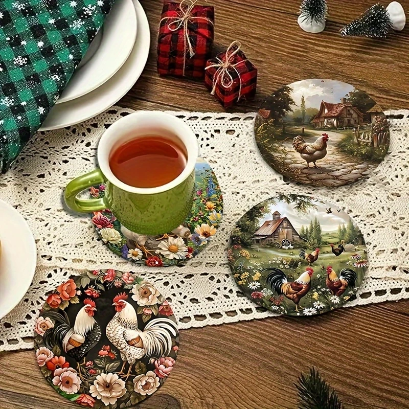 6pcs 2D Round Colored Rooster Themed Wooden Coasters Heat-Resistant Non-Slip Home Decoration Party Gift Beverage Pads