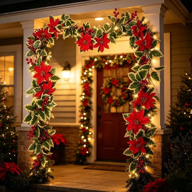 210 cm rote Weihnachtsgirlande mit Poinsettien-Beeren, künstliche Weihnachtsbeere, Weihnachtsdekoration für drinnen und draußen, für Kamin, Treppe, Tisch