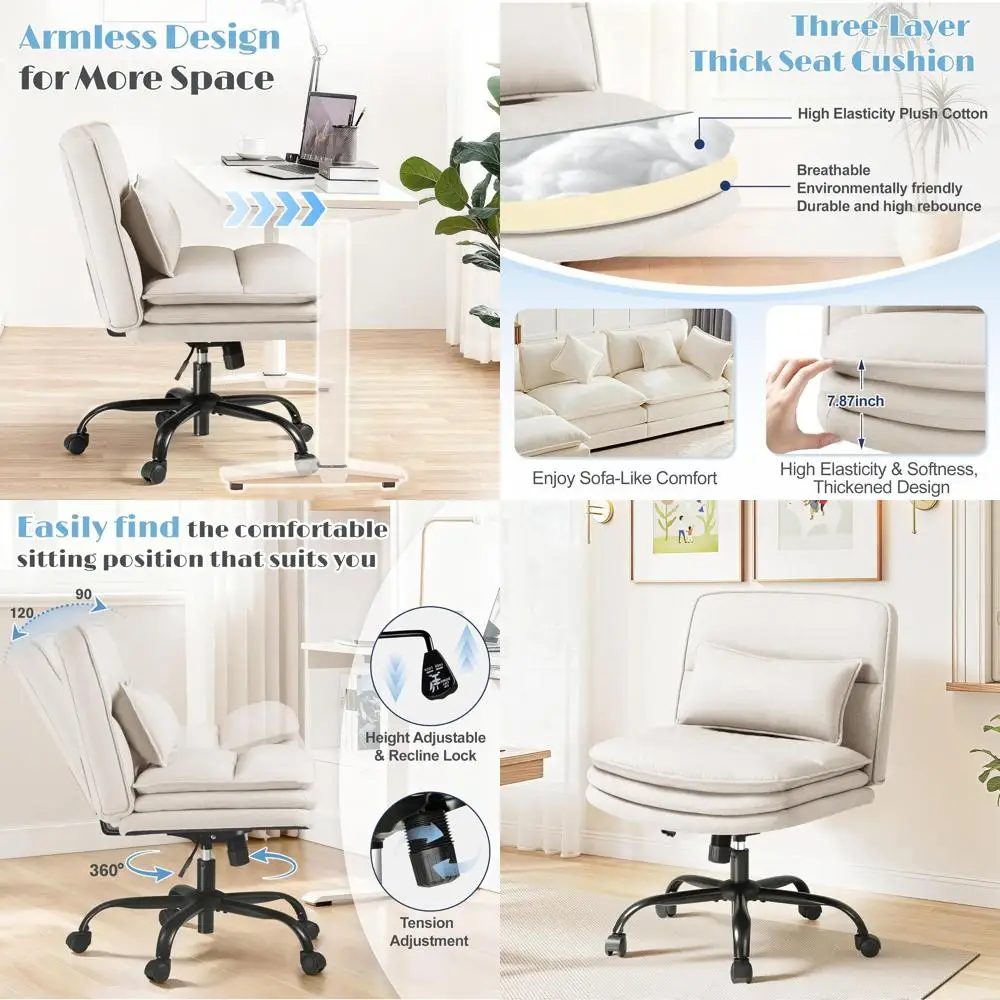 

Criss Cross Legged Office Chair with Wheels, Armless Extra Wide Seat Swivel Desk Chair, Adjustable Height Comfy Task Chair with