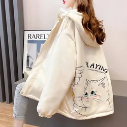 Spring Jacket Women Plush Velvet Imitation Lamb Hooded Coat Lovely Cat Anime Print Loose Korean Casual Youthful Outwear