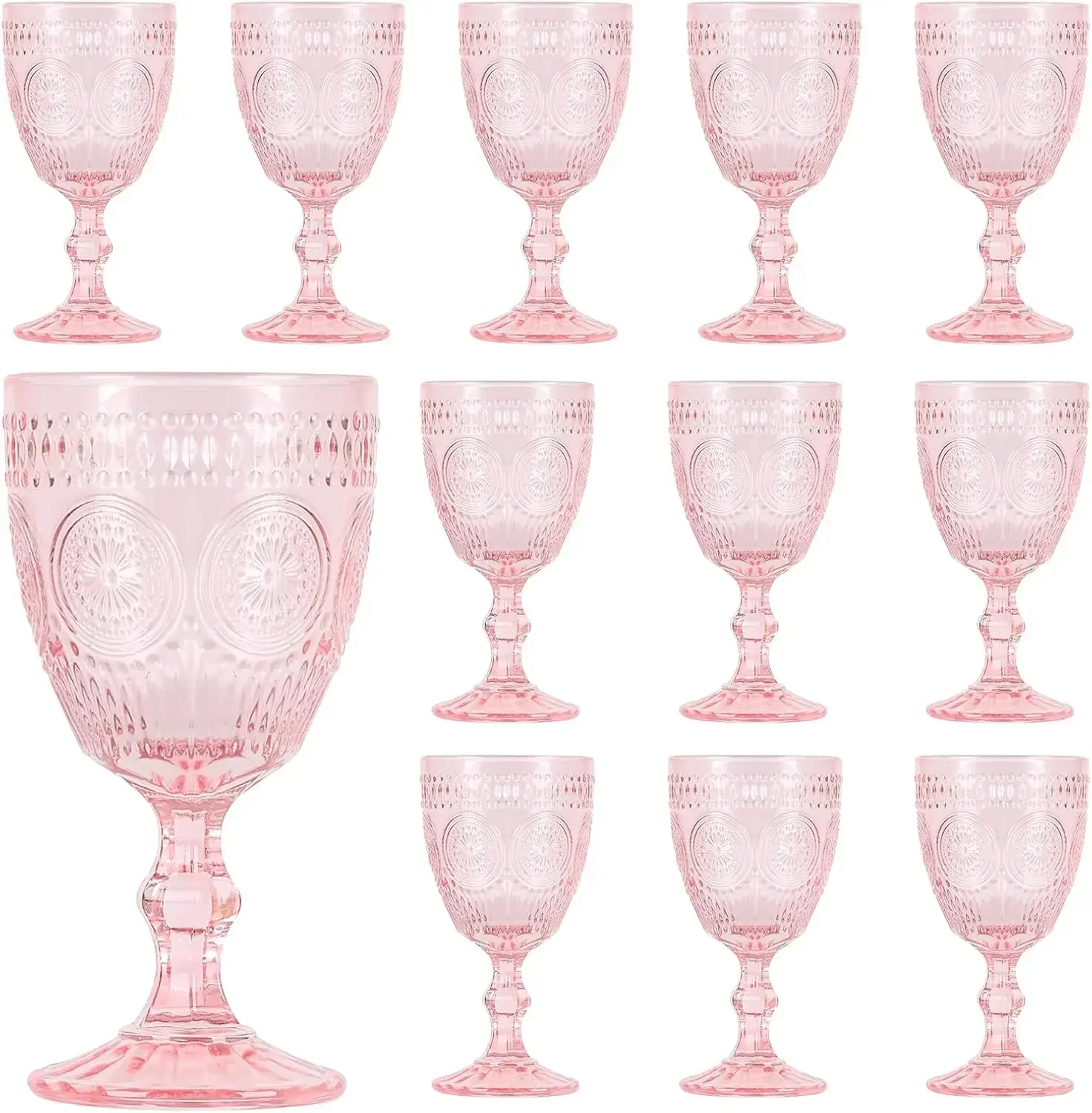 

Valentine's Day Pink Glass Goblets Wine Glassware, 10 oz Vintage Wine Glasses Set of 12, Romantic Wedding Glass Set, Embossed Dr