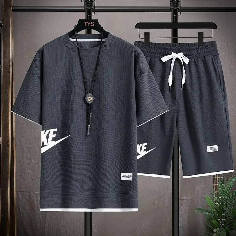 Summer Men's Waffle Sets Casual T-Shirt And Shorts Set Male Sports Suit Solid Color Tracksuit Loose Suits Size 3XL