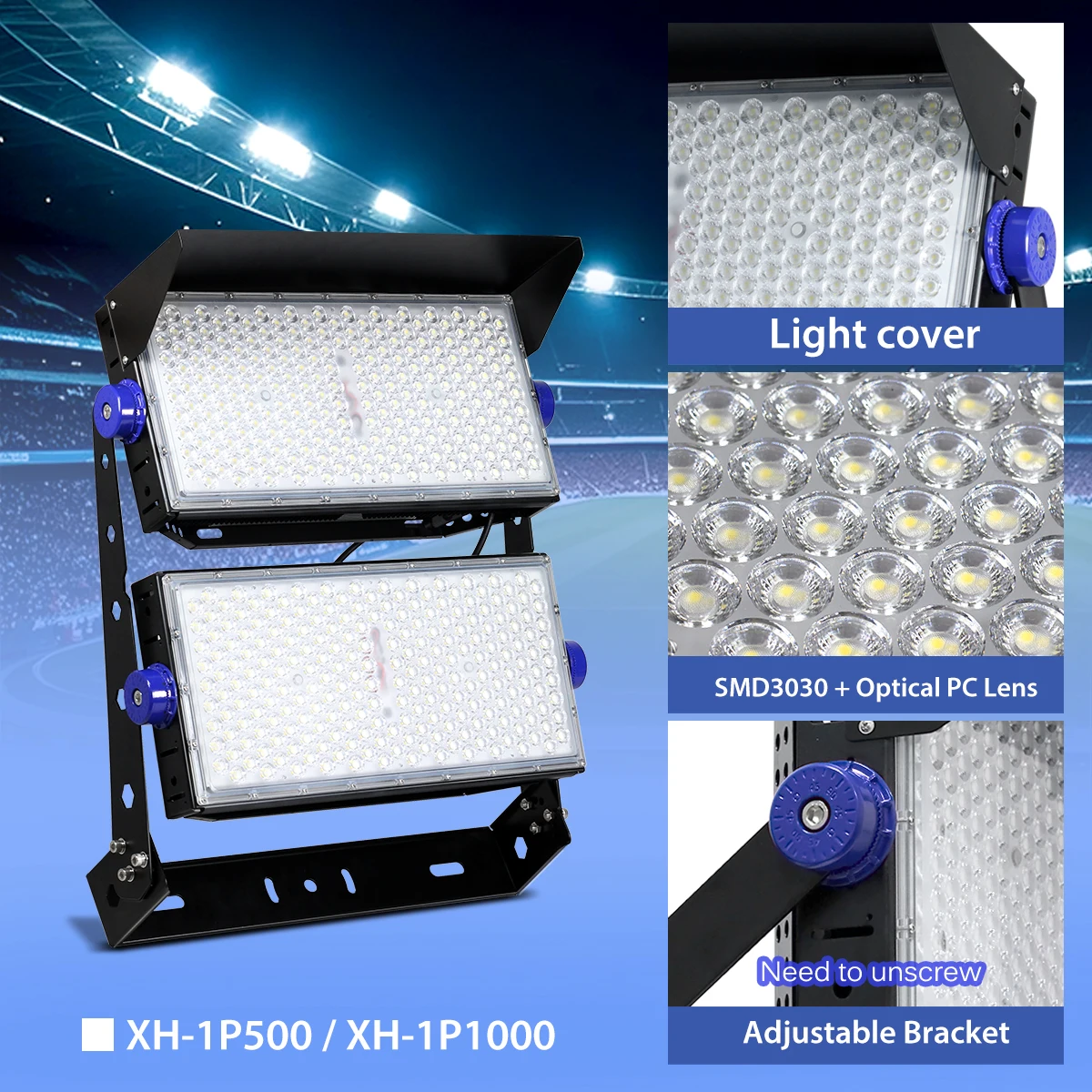 🌴 Gran Angular 60 °   Luz LED para Estadios de Alta Eficiencia, Chip LED de Alto Brillo 6000K 130LM/W, IP65 Impermeable, Soporte Ajustable