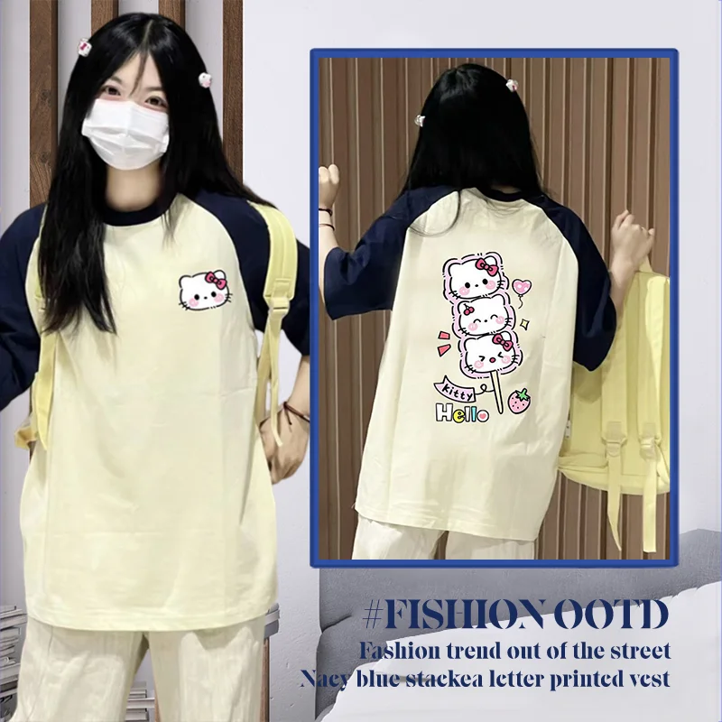 

Sanrio мультфильм Hello Kitty милая креативная индивидуальная футболка с короткими рукавами, летняя новая свободная тонкая хлопковая футболка Y2K, топ большого размера, подарок