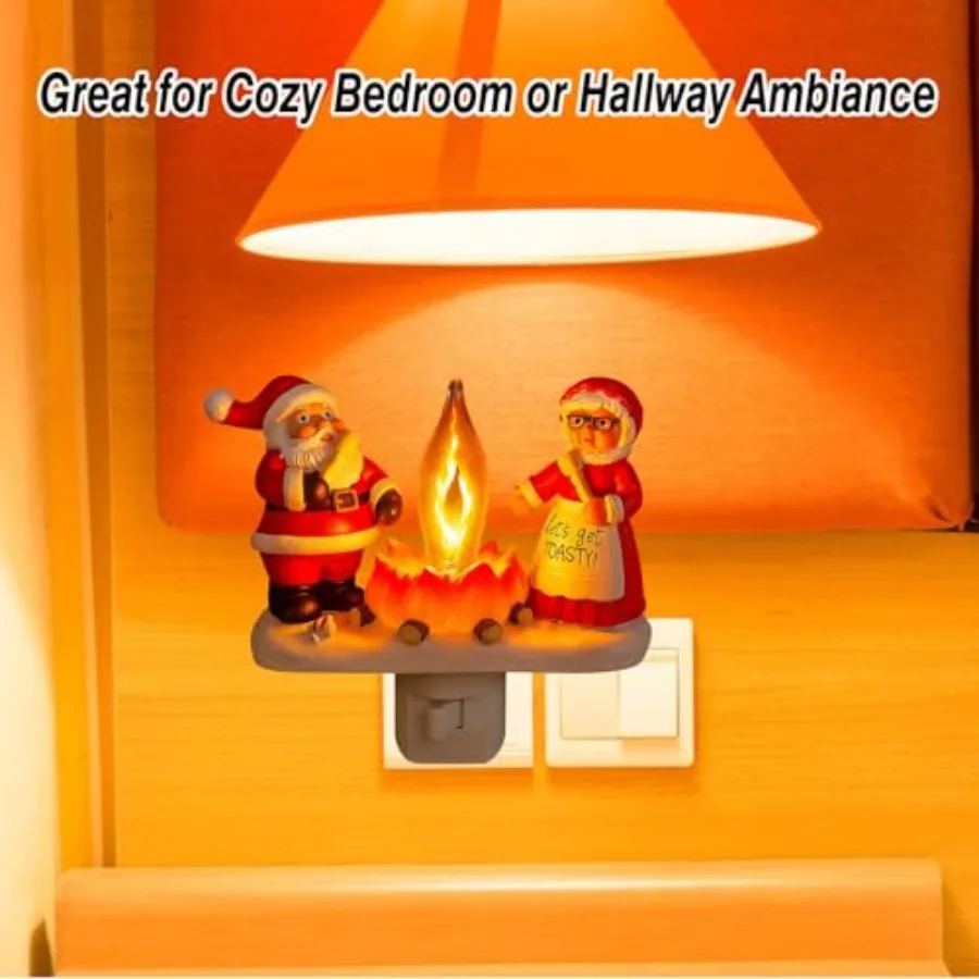 Santa Claus and Mrs. Claus Christmas Campfire Flickering NightLight, Cute Swivel Plug-in Figurine Lamp for Holiday Decor, Indoo