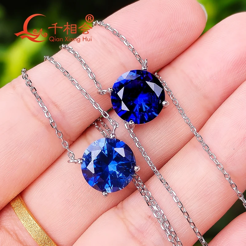 

Серебро 925 пробы круглой формы 4,8 карата 10 мм Королевский синий Василек Синий лабораторный гриф созданный сапфир с инверляциями Ювелирные изделия Ожерелье с подвеской