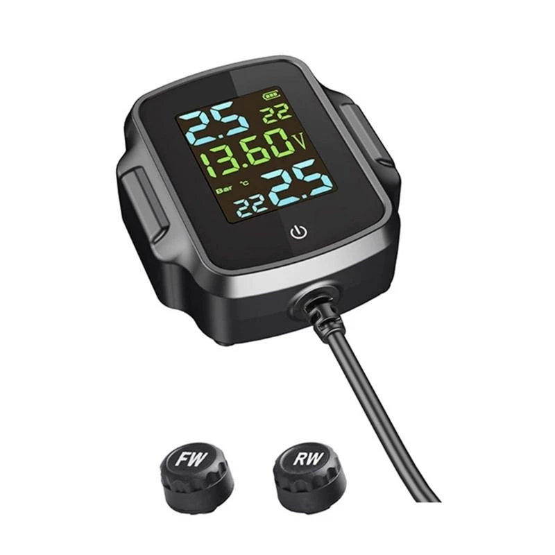 

Motorcycle Wireless Tire Pressure Monitoring System,TPMS for Motorcycle with 2 External Sensors QC3.0 Temperature Alarm