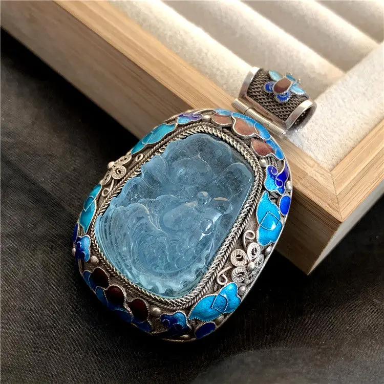 Surplus Year after Year Filigree Inlaid Natural Aquamarine 925 Silver Pendant Women's Handmade Vintage Court Gold and Silver