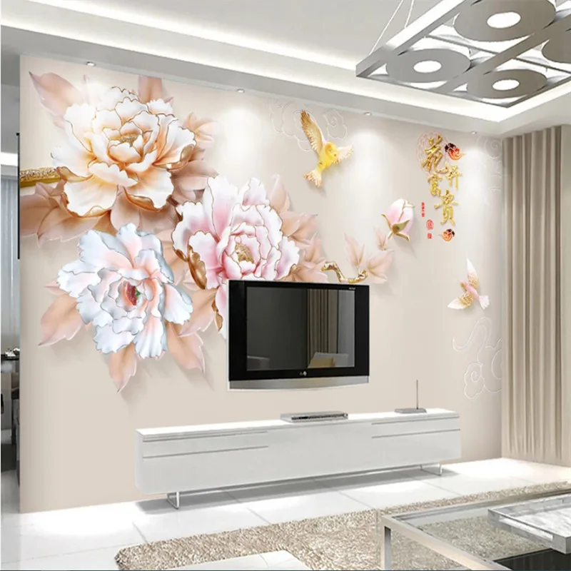 

Modern Chinese Style Simple 3D Embossed Peony Floral Wallpaper for Living Room TV Background Walls 3D Wall Papers Home Decor