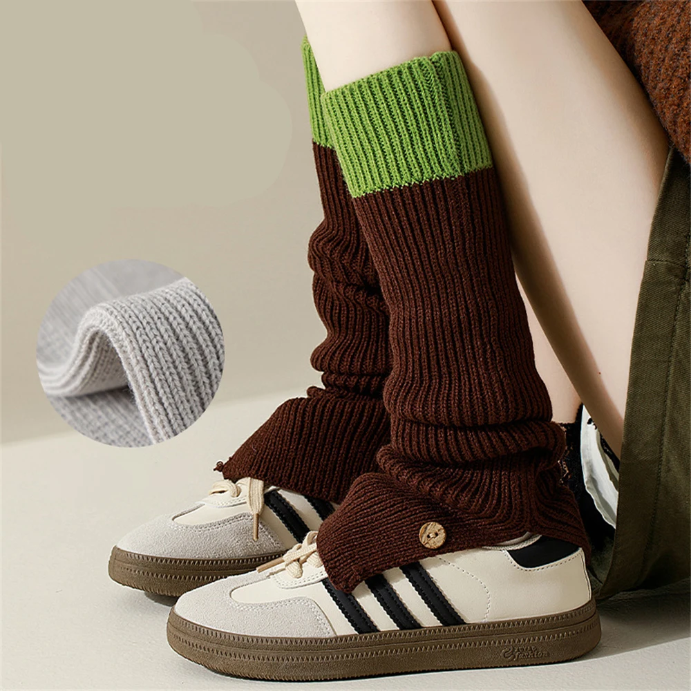 Y2K Hot Girls JK Calf Pile Socks Women Autumn Winter Knitted Long-tube Contrasting Color Button Slimming Leg Warmers Foot Covers