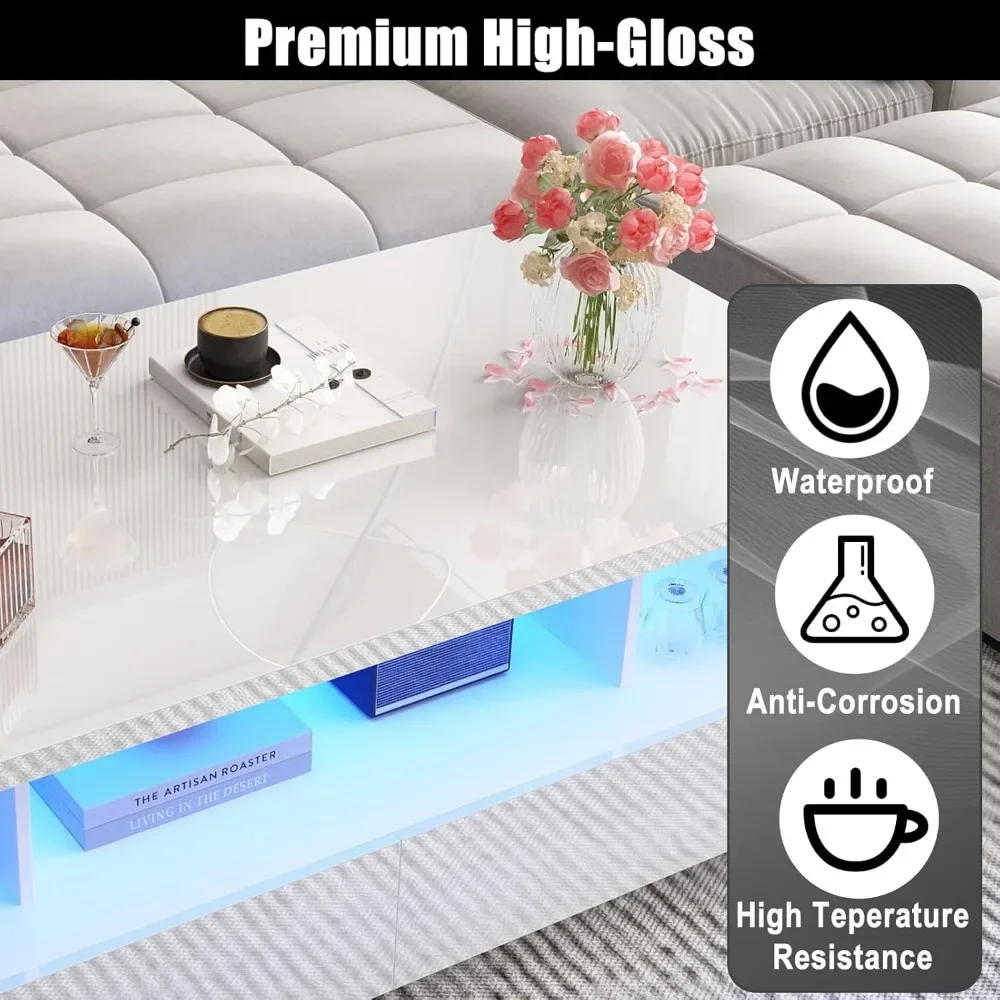 LED Coffee Table W/ 2 Storage Drawers,High Gloss Modern White Coffee Table W/60,000-Color Lights,Rectangle 2-Tier Center Table
