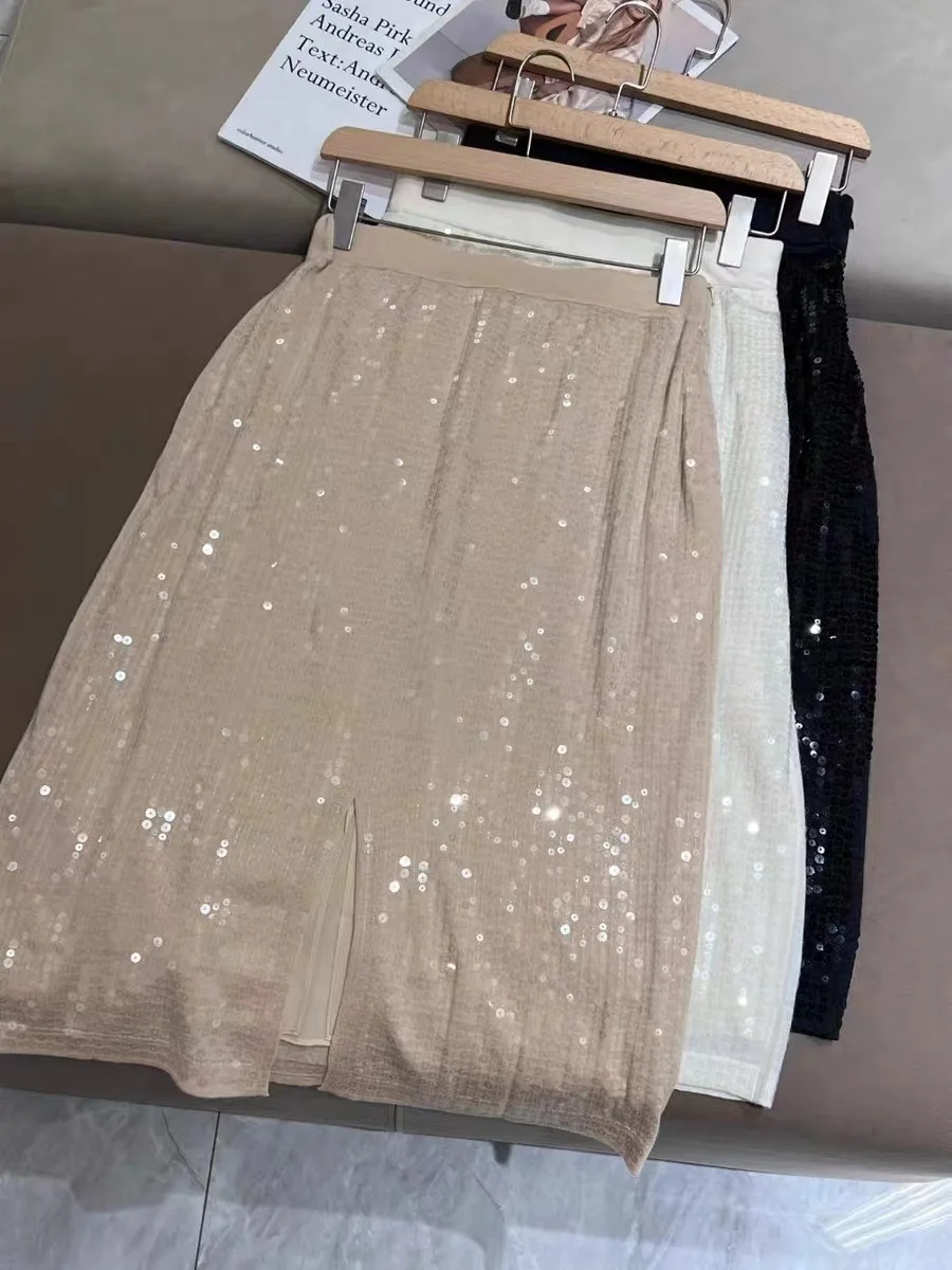 Women Sequins Set Elastic Waist A-Line Split Midi Skirt or Short Sleeve O-Neck T-Shirt or Front Buttons Turn-down Collar Blouse