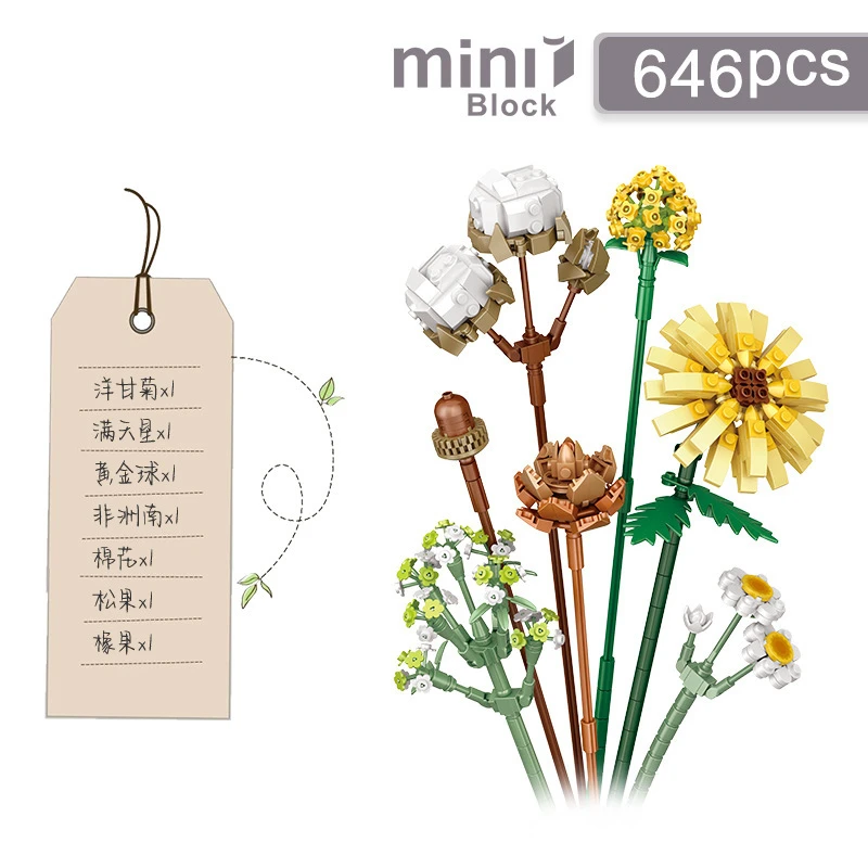 NONE Romantische Rosen, Blumen, Sonnenblumen, Narzissen, Gärten, Haus, Bausteine, klassisches Modell, Mini-Steine, Sets, Kinder-Sets 4