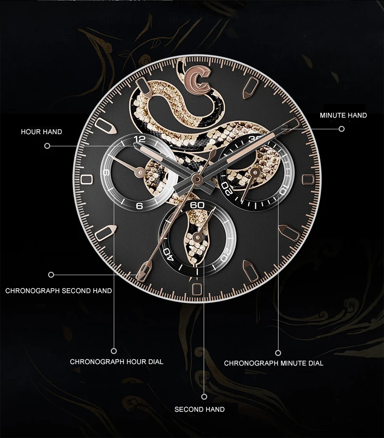 CRONUSART Men นาฬิกาโครโนกราฟคาร์บอนไฟเบอร์ 40 มม.นาฬิกาข้อมือกลไกอัตโนมัติ Luminous Canvas สายหนัง Snake Dial