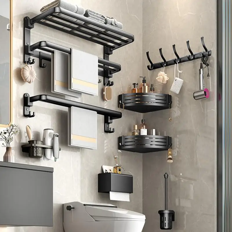 

Gun Gray Folding Towel Rack, No Drilling, Bathroom Storage Solution for Organized Living Space