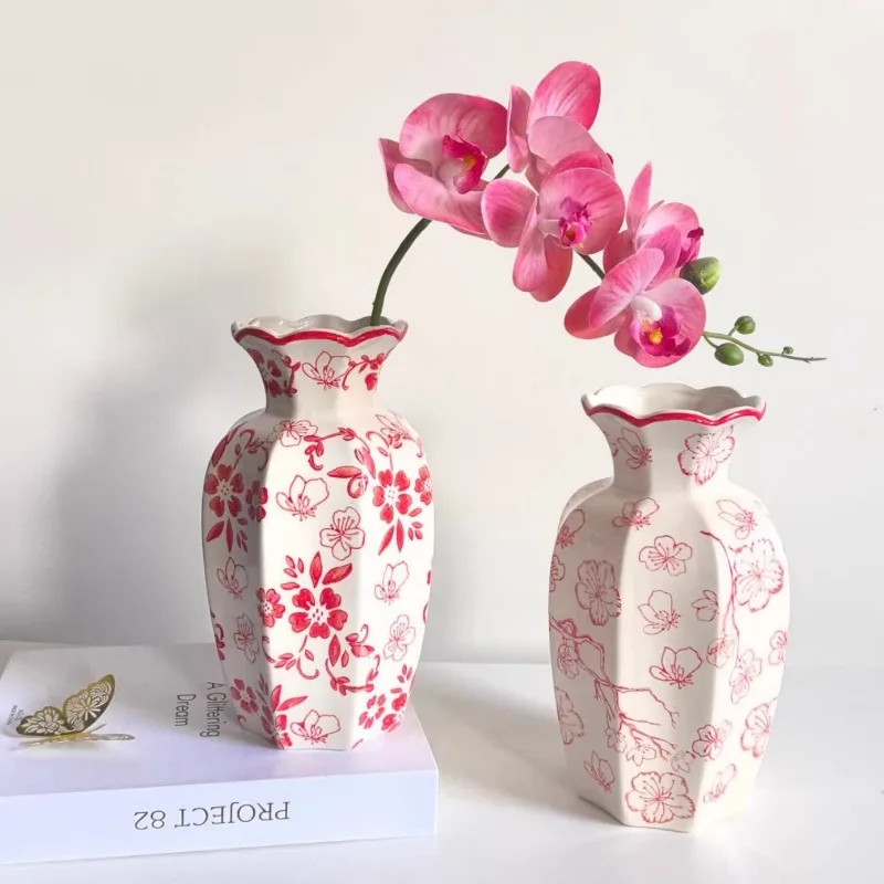 Red Ceramic Vase Painted Flowers Decoration Hydroponic Flower Ware Living Room Entrance Dining Table Ceramic Flower Vase Gifts