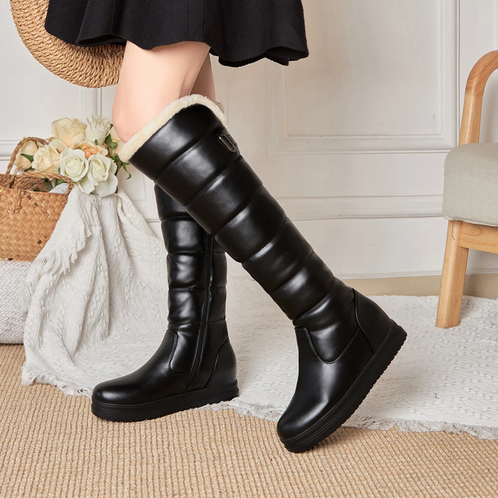 Women Winter Warm Knee High Boots Platform Height Increasing Ladies Fur Snow Boots PU Leather Plush Round Toe Women Wedge Shoes