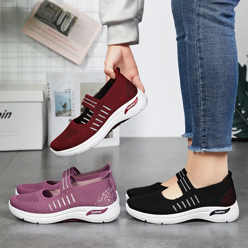 2024 New Mesh Mary Janes Shoes Platform White Striped Sneakers Woman Loafer Trainers Summer Breathable Knitting Flats