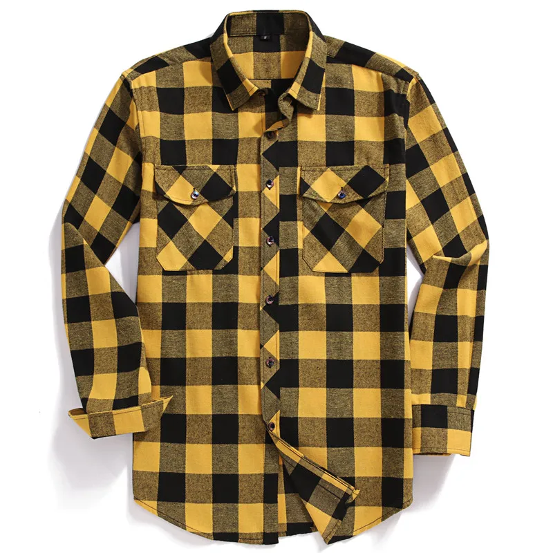 Men Casual Plaid Flannel Shirt Long-Sleeved Chest Two Pocket Design (USA SIZE S M L XL 2XL)