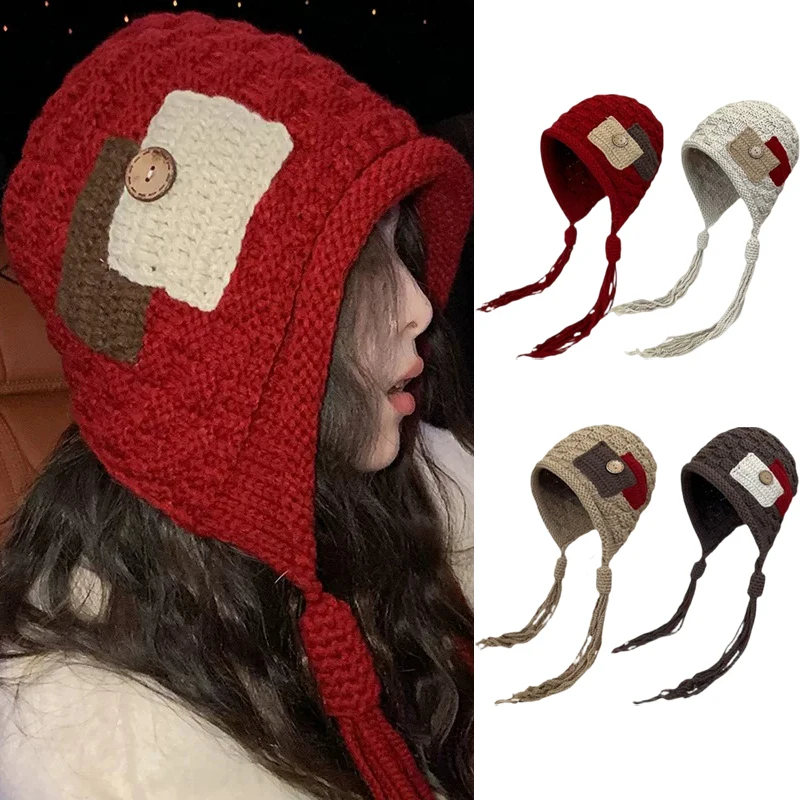 Hand‑Braided Ear‑Flap Knitted Beanie Soft Warm Braided Braid Winter Knit Hat Fashion Thermal Headwear for Cold Outdoor Wear