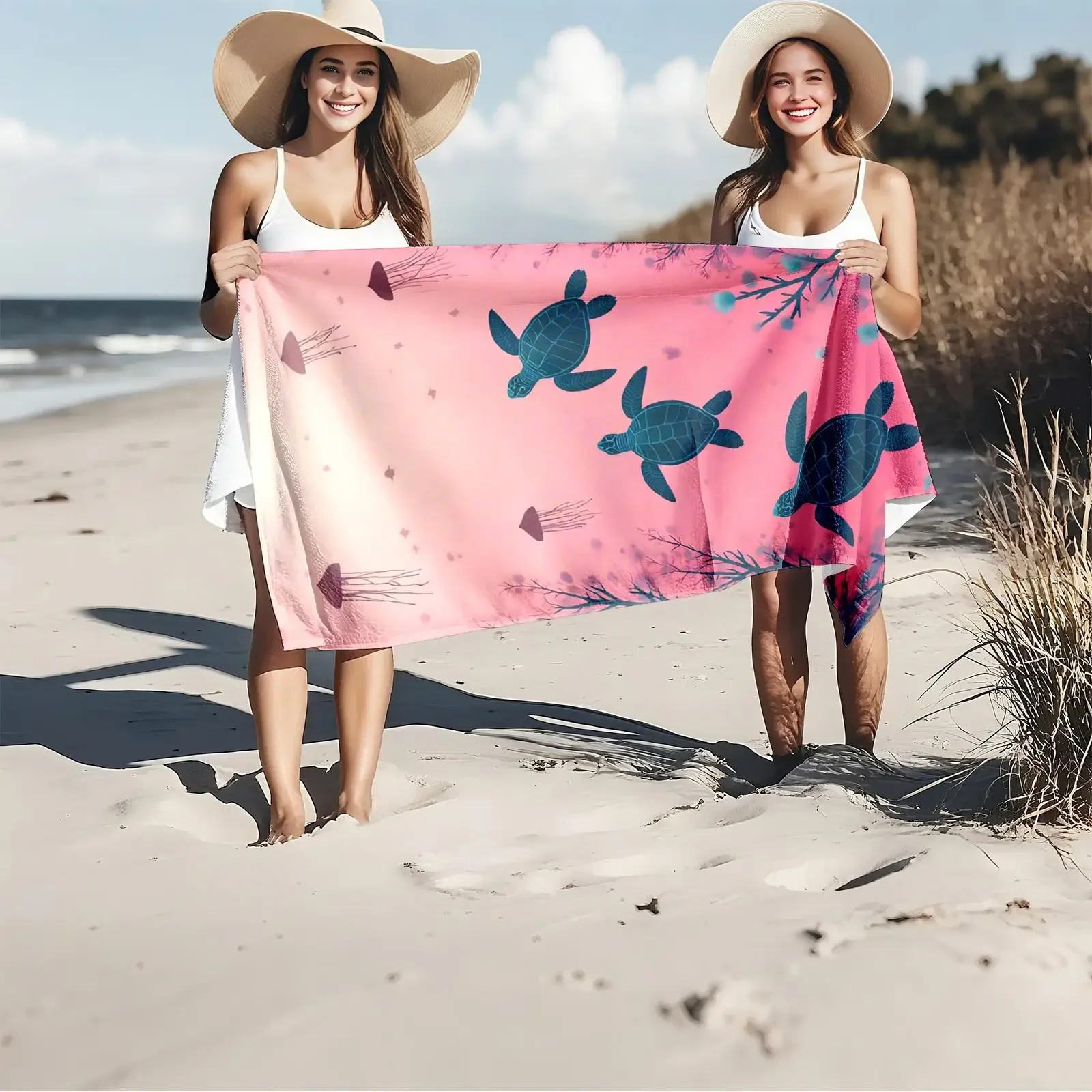 1pc Sea Turtles and Jellyfish in Coral Reef Atmosphere 2D Printed Microfiber Beach Towel, quick dry super absorbent. Great for