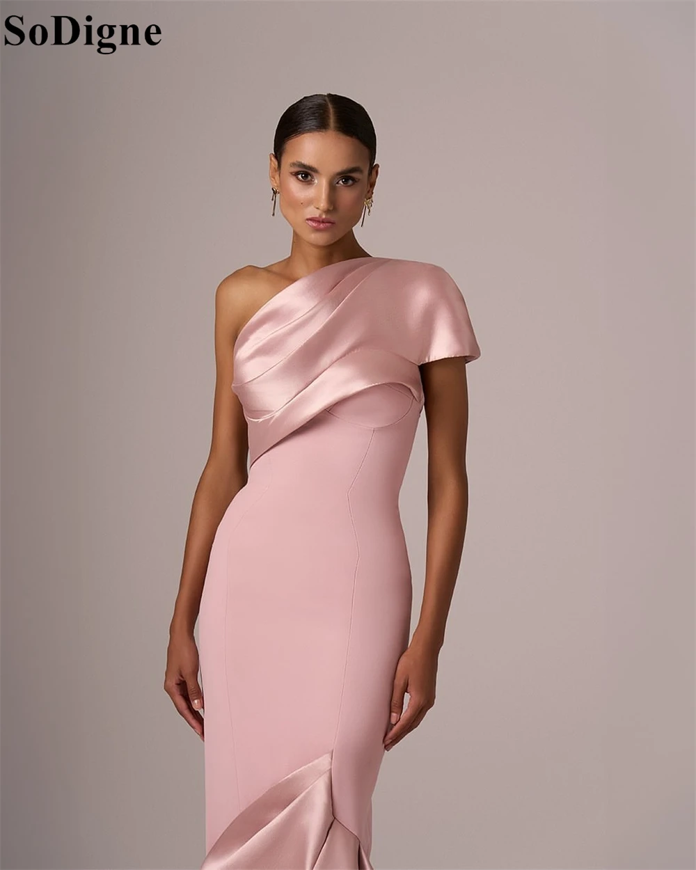 SoDigne Elegant Pink Satin Evening Dresses Mermaid One Shoulder Backless Draped Party Dress 2025 Charming Prom Gowns Customized image 3