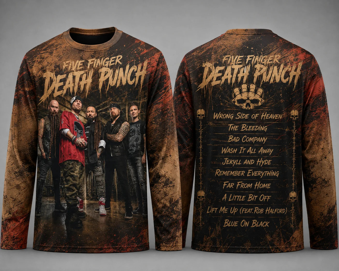 Men Women Oversized Loose Five Finger Death Punch Long‑Sleeve T‑Shirt, Mesh Quick‑Dry Breathable Retro Rock Fitness Top