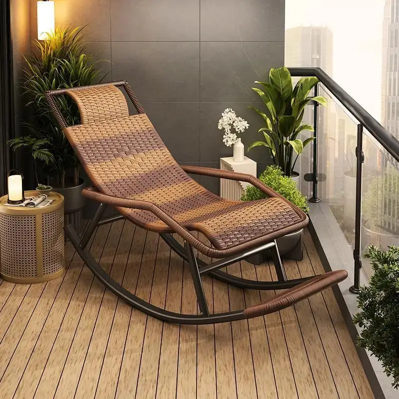 Ergonomic PE Rattan Rocking Chair Reclining Outdoor Garden Patio Indoor Living Room Lounge Chair Handwoven Carbon Steel Frame